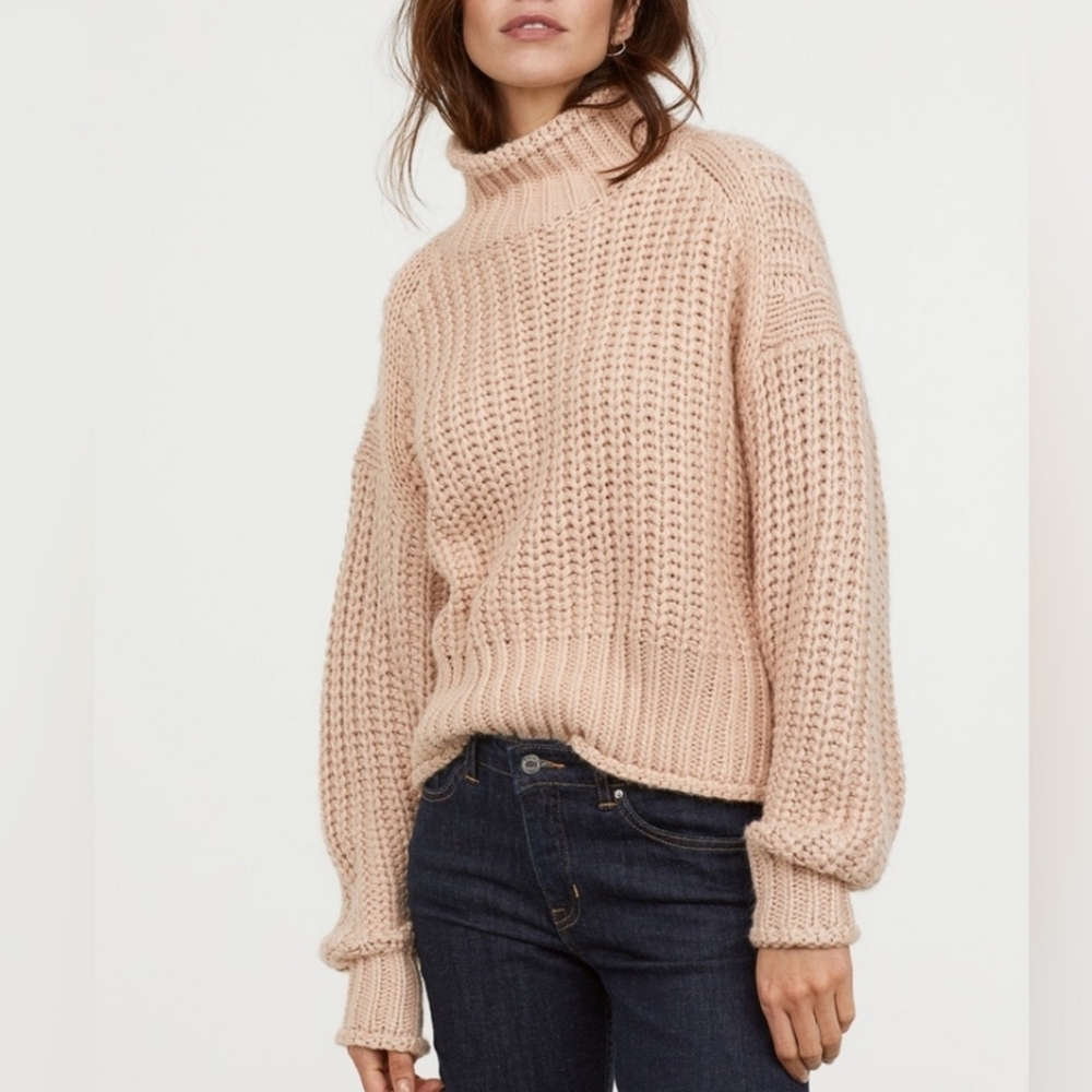 H&M Pastel Pink Chunky Knit Mock Turtleneck Knit Sweater Size Large Ov…
